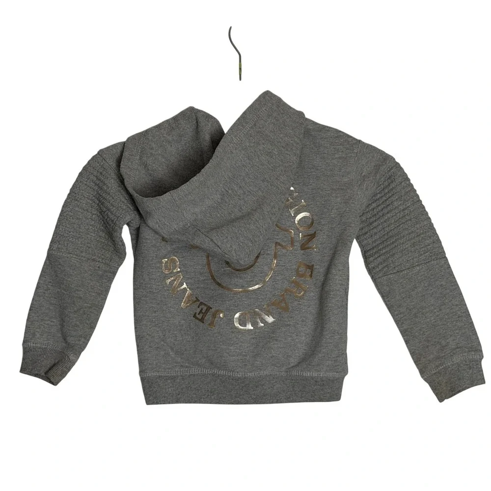 True‎ Religion Kids 2T Heather Gray Quarter Zip Moto Hoodie Gold Foil Logo